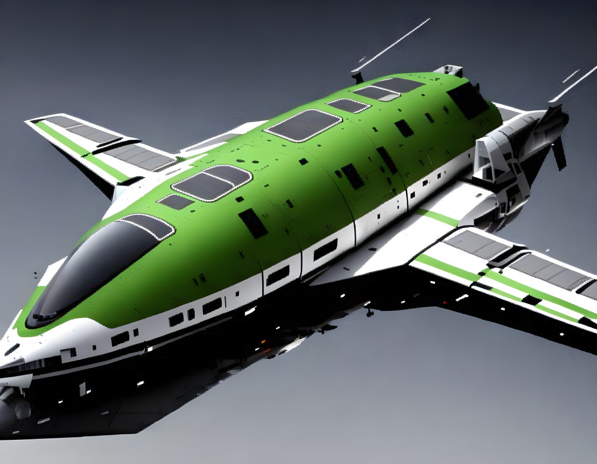 Futuristic green and white spaceship with sleek lines and fins on gray background