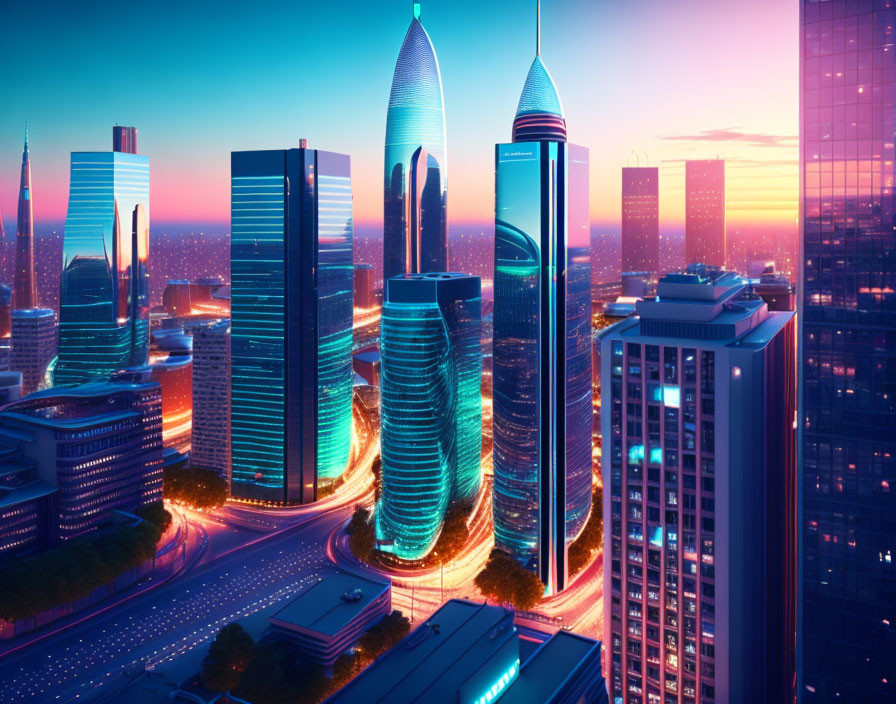 Vibrant twilight cityscape with illuminated skyscrapers & traffic trails