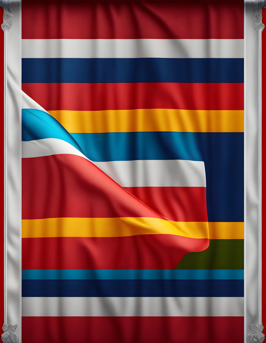 Multicolored draped flag with red, blue, white, yellow, and green stripes.