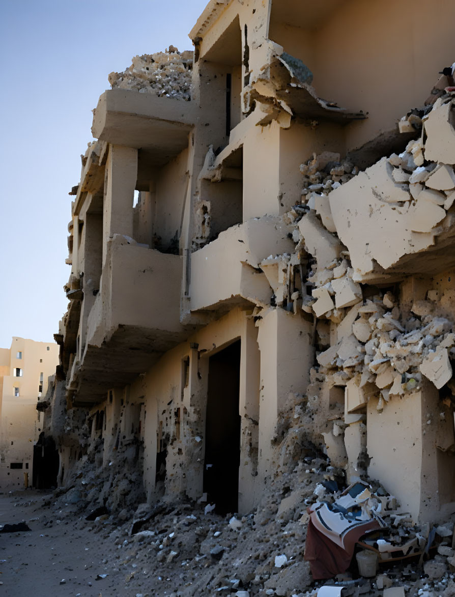 Decrepit multi-story building with structural damage and debris.