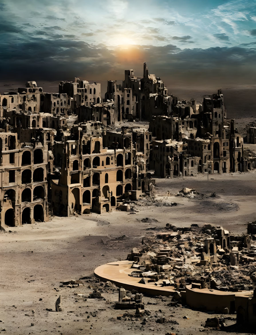 Desolate war-torn cityscape at sunset with damaged buildings and dramatic skyline.