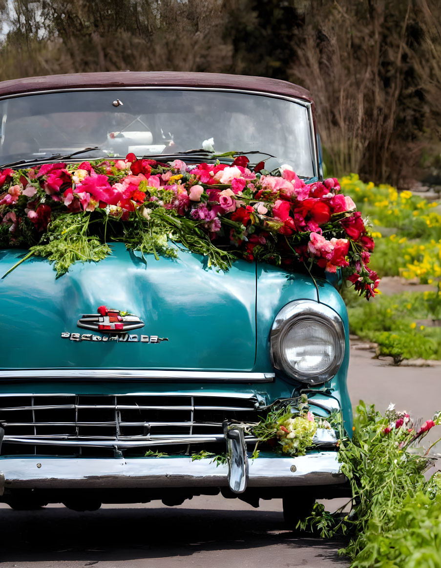 Vintage Teal Car with Pink and Red Flowers Outdoors