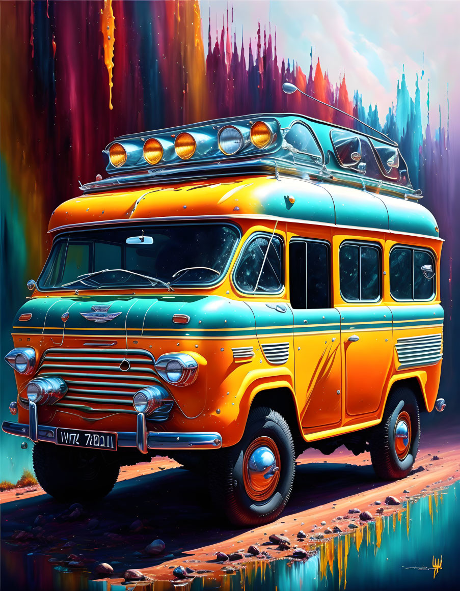 Colorful Illustration: Orange Bus in Fantasy Forest