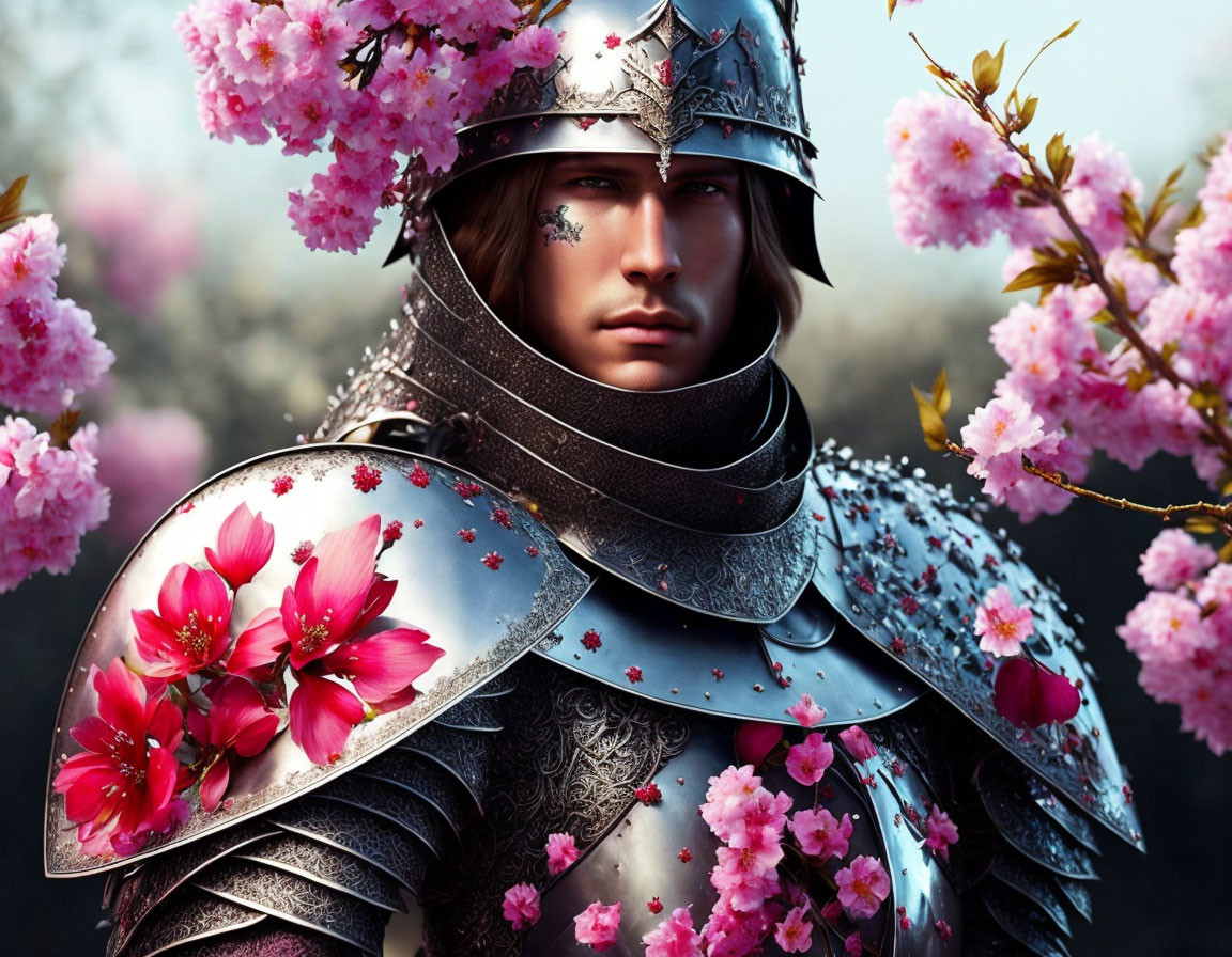 Ornate Armor Knight Surrounded by Pink Cherry Blossoms