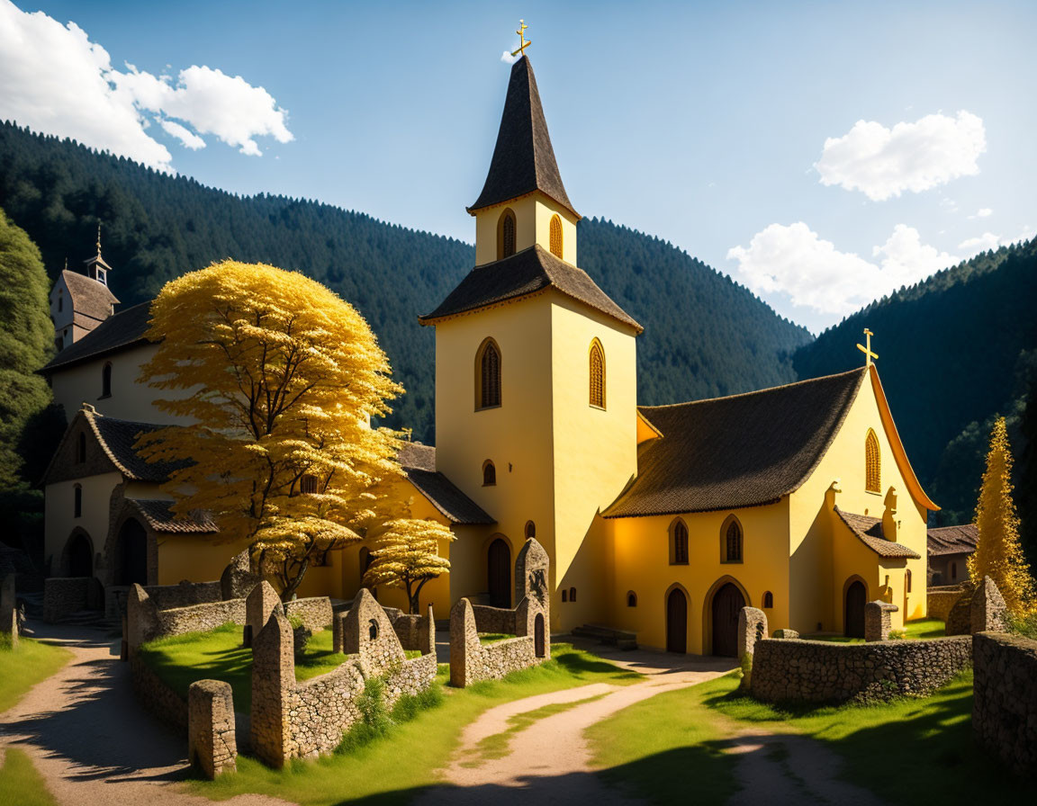 Yellow façade church with pointed steeple in serene nature setting