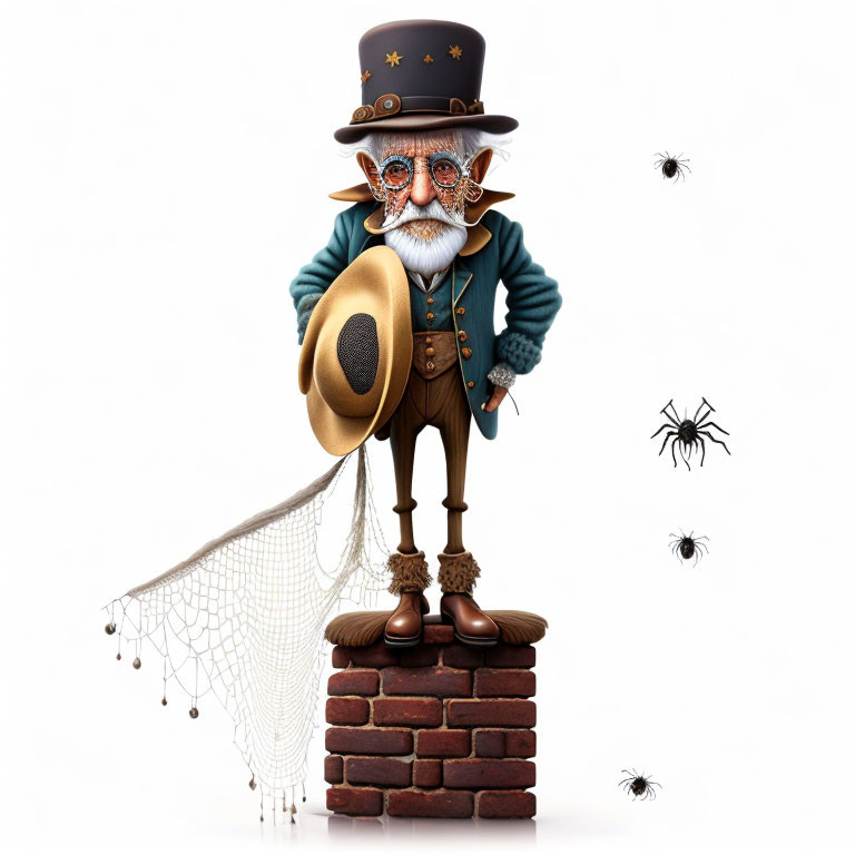 Elderly male character in whimsical digital artwork with spiders and brick pedestal