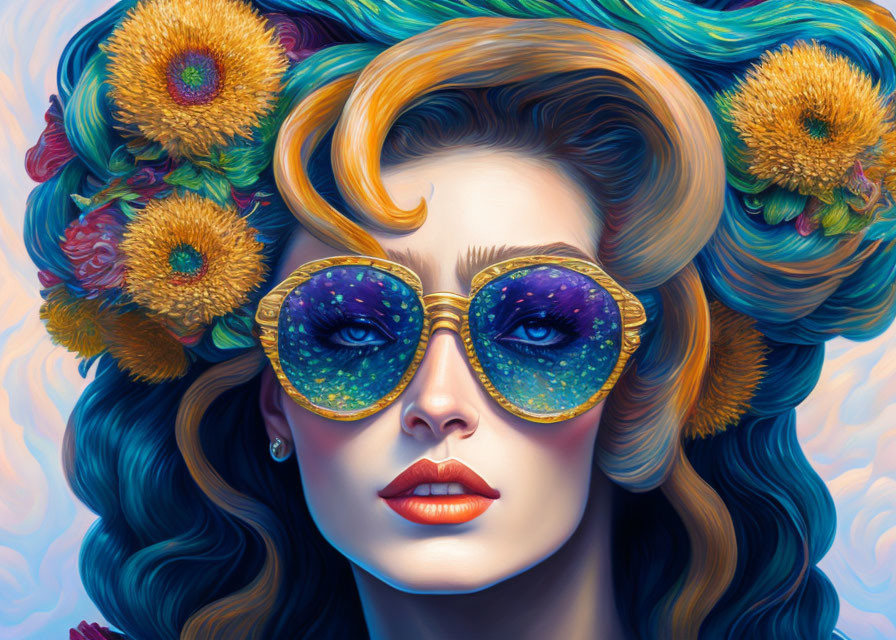 Colorful illustration of woman with blue and teal hair and cosmos-patterned sunglasses surrounded by vibrant flowers