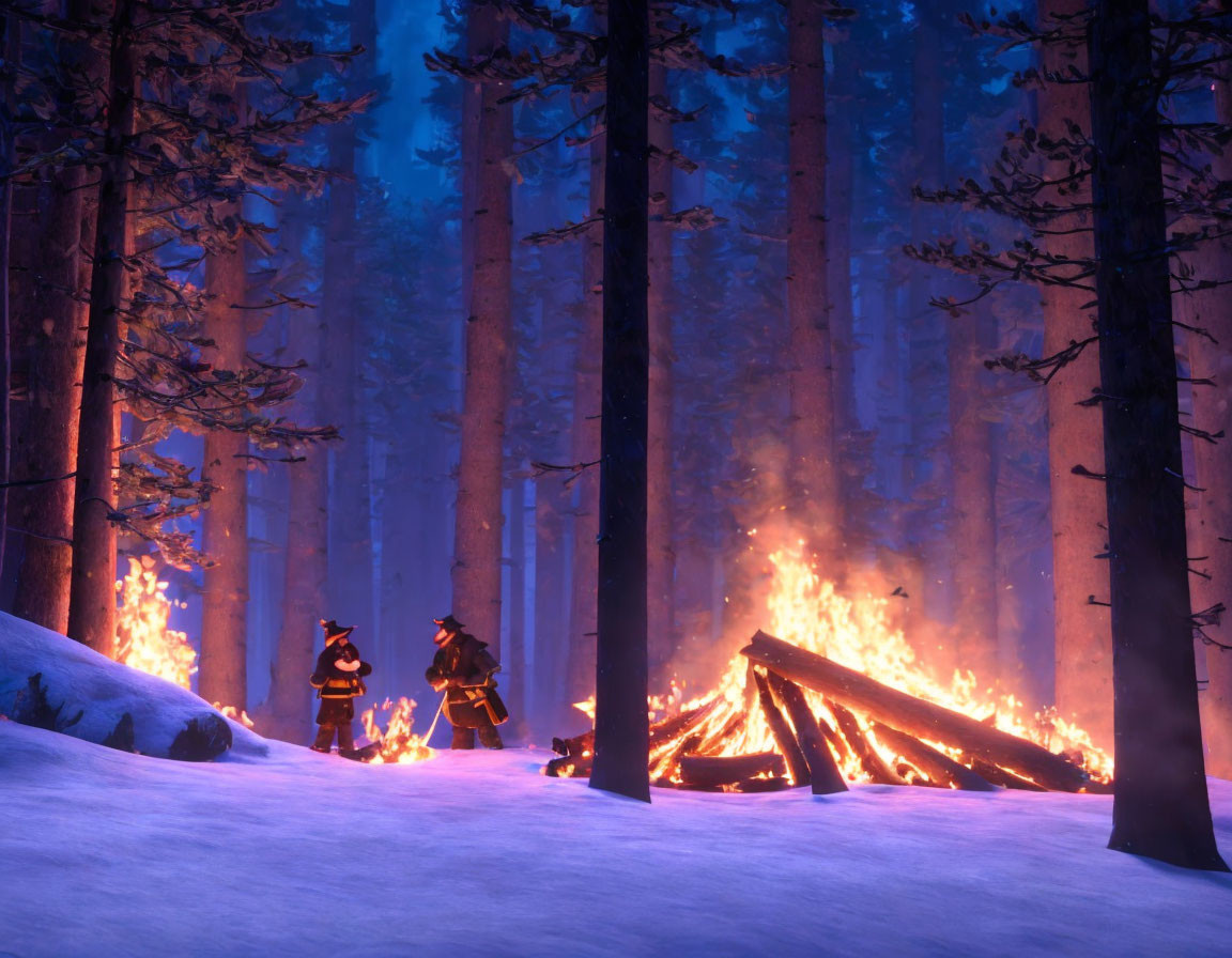 Nighttime forest blaze fought by firefighters in snowy terrain