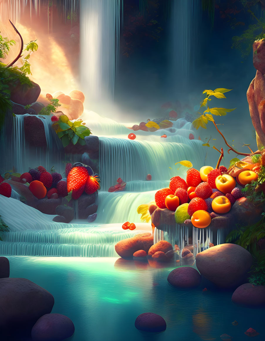 Digital Art: Waterfall cascading into serene pools amidst lush foliage, vibrant fruits.