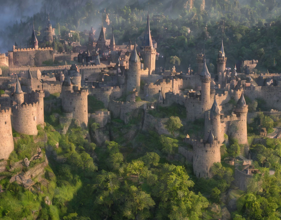 Mystical castle complex in lush greenery with spires and towers.