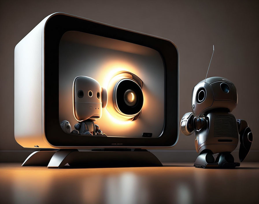 Retro-futuristic robotic characters beside illuminated speaker on vintage TV frame