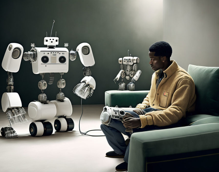 Man operating remote control with three robots on green couch in dimly lit room