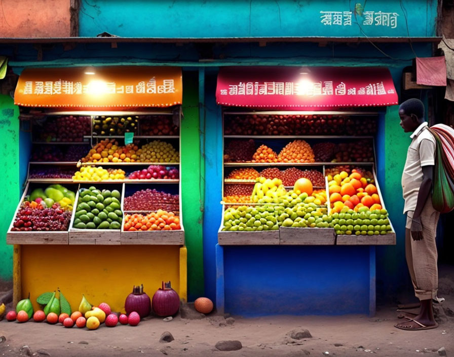 Vibrant fruit stall with colorful fruits under warm lights