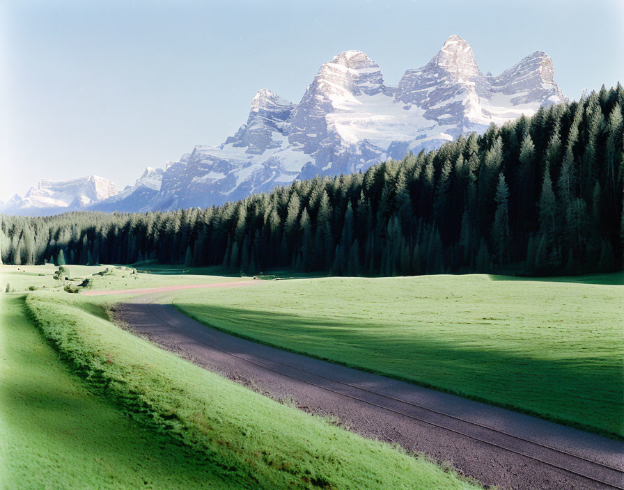 Scenic winding road through green fields to snowy mountain peaks