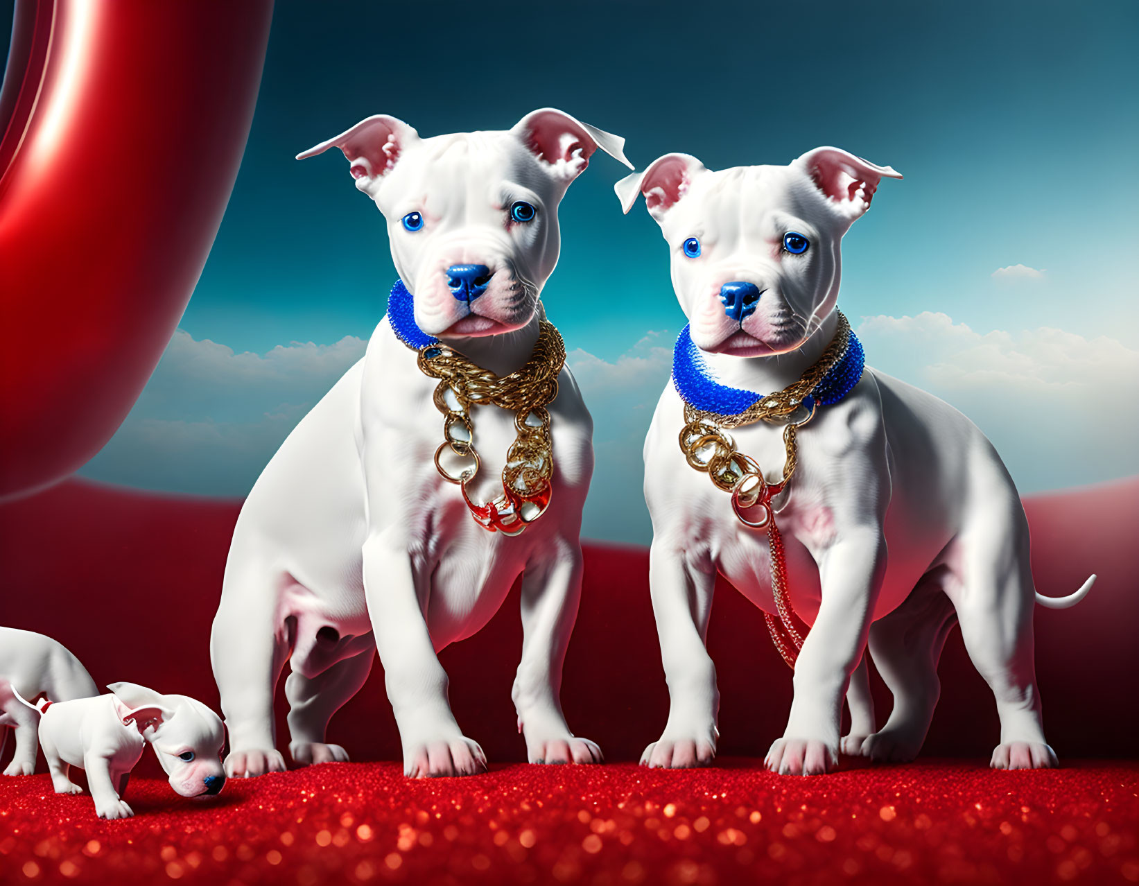 Three dogs with blue collars on red and blue gradient background.