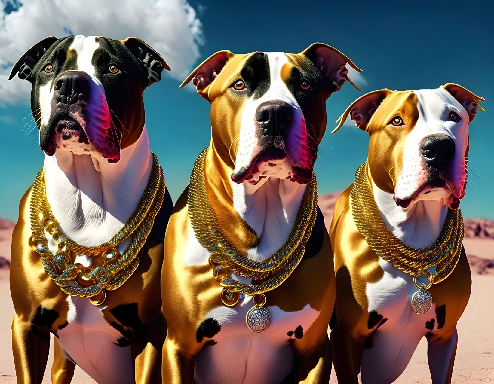 Exaggerated muscular dogs with gold chains in desert scene