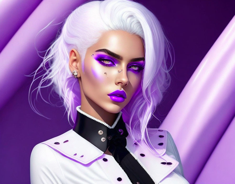 3D illustration: Woman with purple makeup, white hair, modern jacket