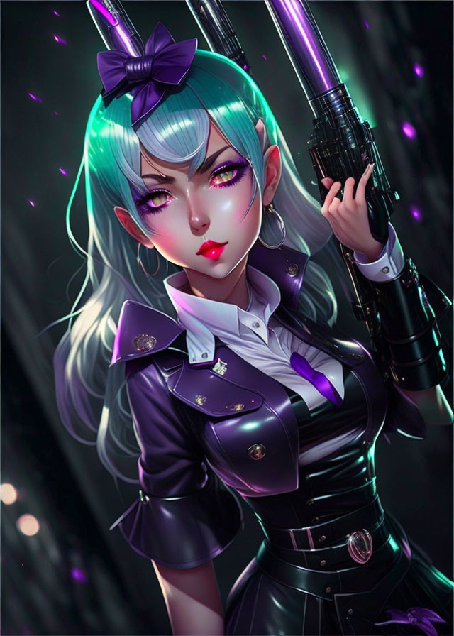 Teal-haired anime character in black uniform with futuristic weapon and purple lights