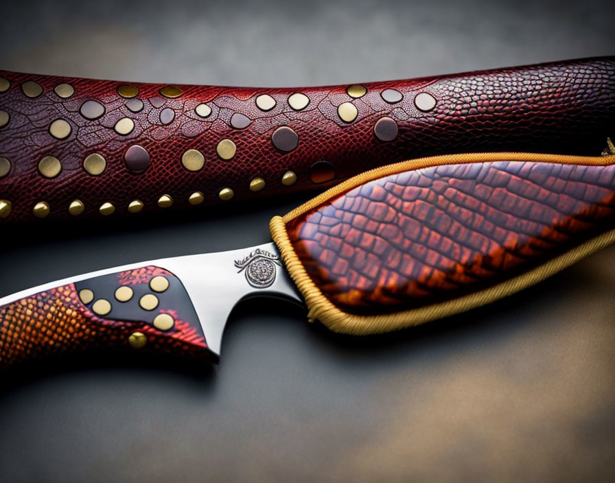 Patterned Blade and Handle Decorative Knife with Matching Sheath in Red and Brown Designs