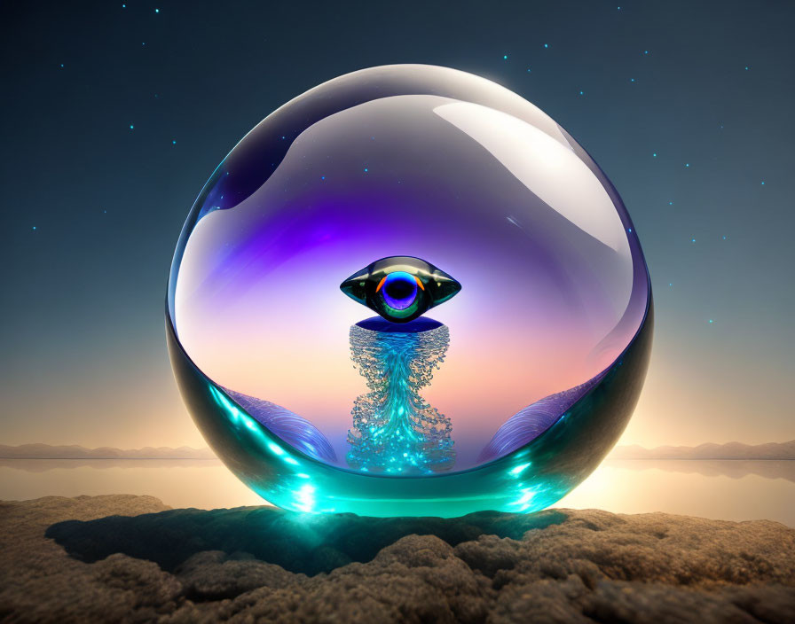 Eye in transparent sphere on pedestal with starry sky and water surface