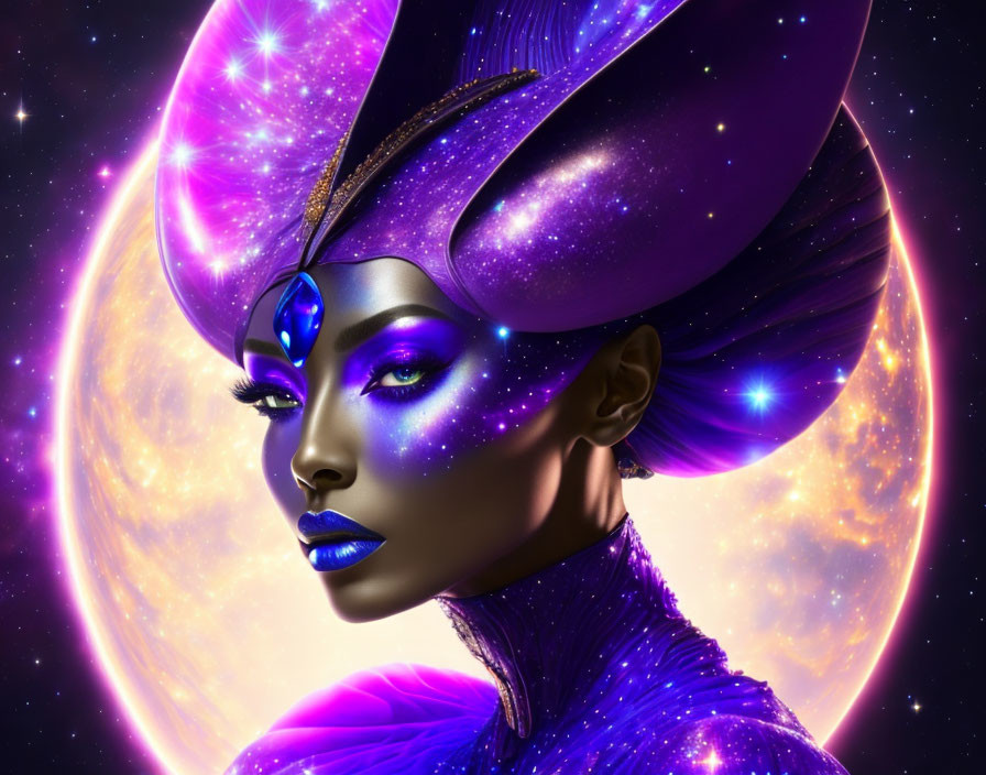 Fantasy illustration of woman with blue-purple skin and cosmic headdress.