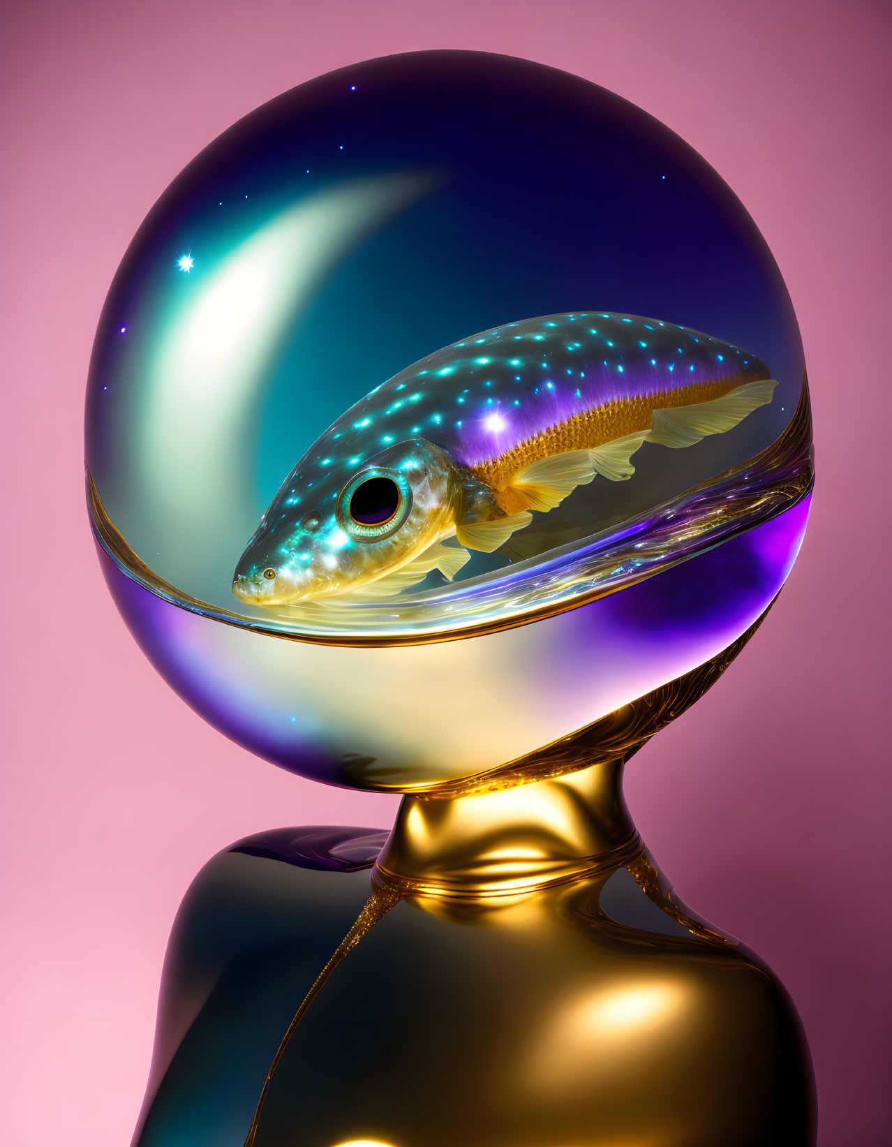 Gold mannequin holding glowing fish in transparent sphere on pink cosmic background