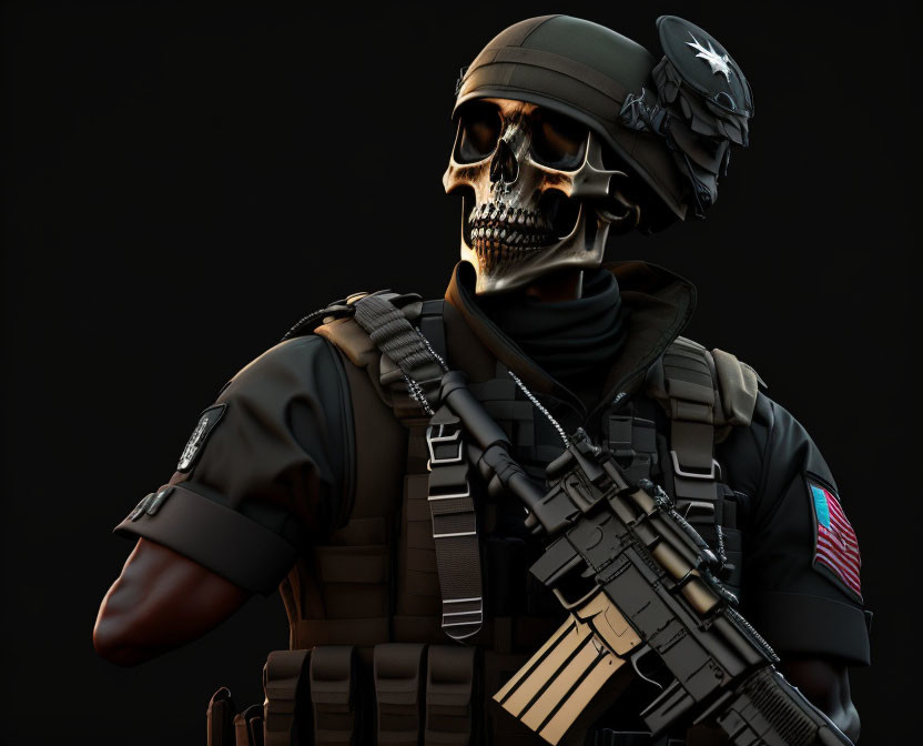 Skull-headed figure in tactical gear with rifle and beret emblem on dark background