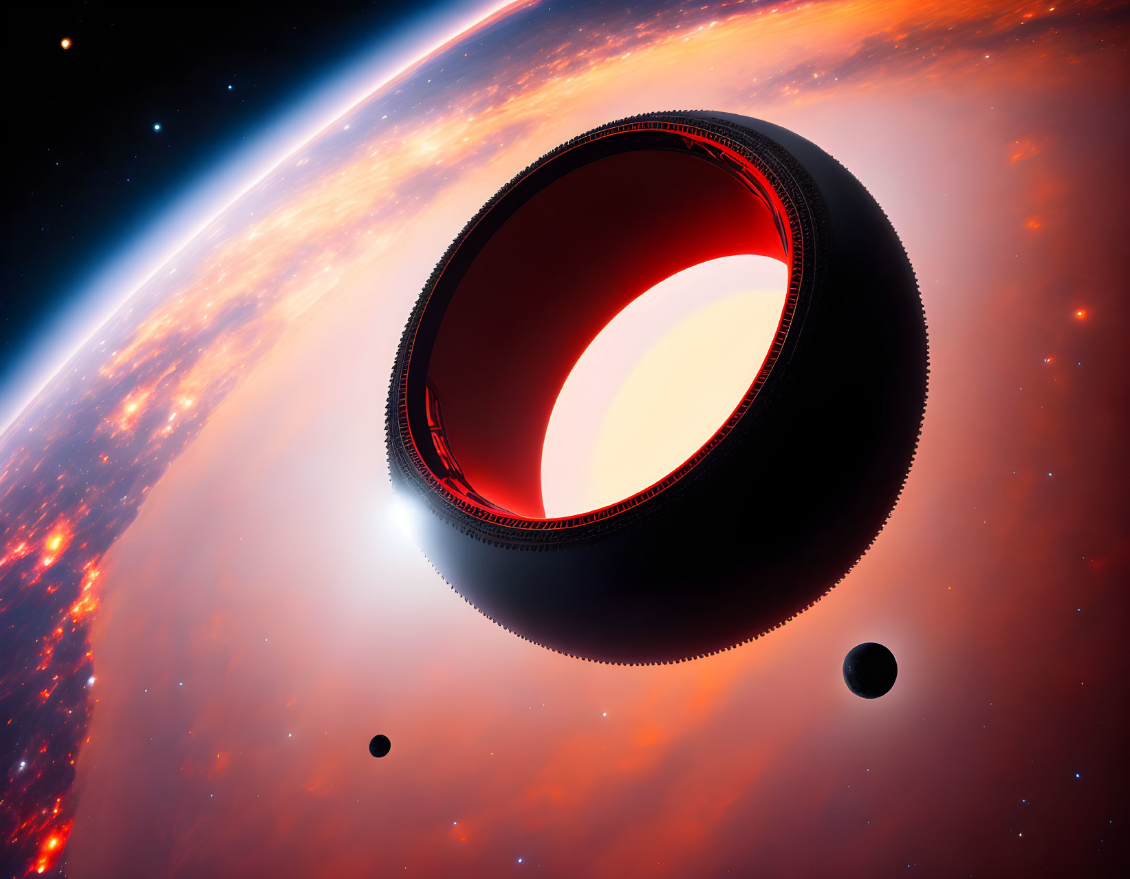 Mysterious black sphere with glowing red core near fiery planet