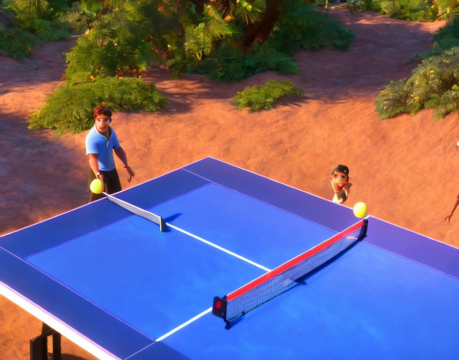 Animated characters playing table tennis outdoors with trees and orange ground.