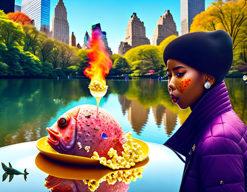 Surreal image of woman, fish with flaming ice cream cone, vibrant park, city skyline