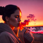 Colorful Smoke Exhaled by Woman at Sunset