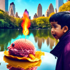 Surreal image of woman, fish with flaming ice cream cone, vibrant park, city skyline