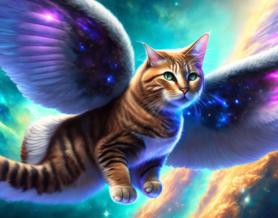 Winged cat with bright eyes in cosmic backdrop