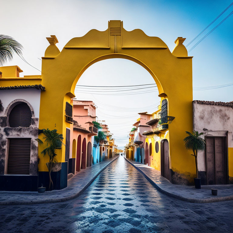 Vibrant Yellow Archway Over Cobblestone Street and Colorful Buildings at Dusk