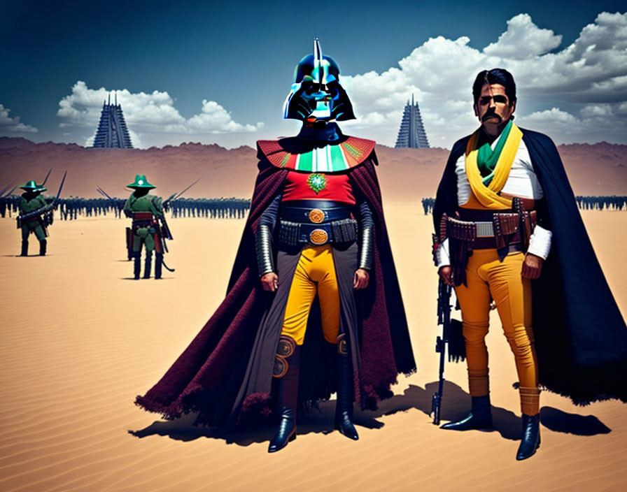 Futuristic armor meets western attire in desert setting