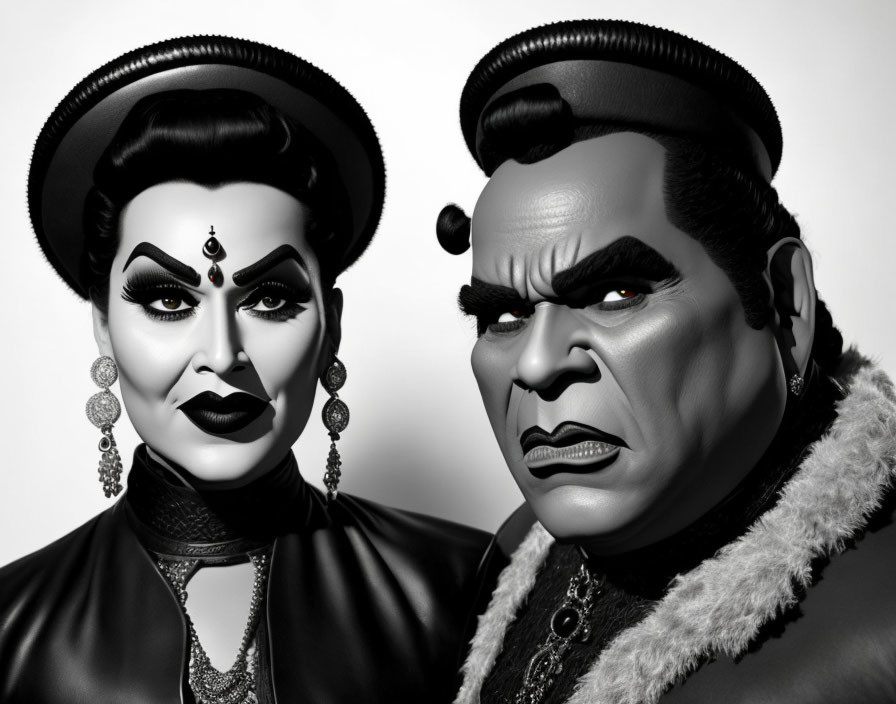 Monochrome image of stylized characters with exaggerated makeup and costumes