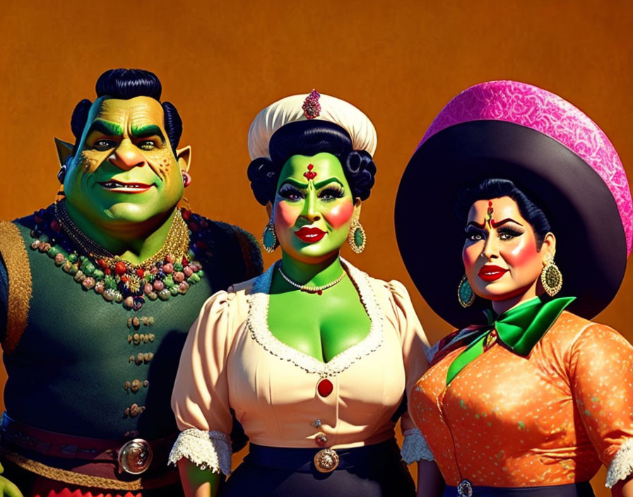 Three Green-Skinned Animated Characters in Mexican Attire on Orange Background