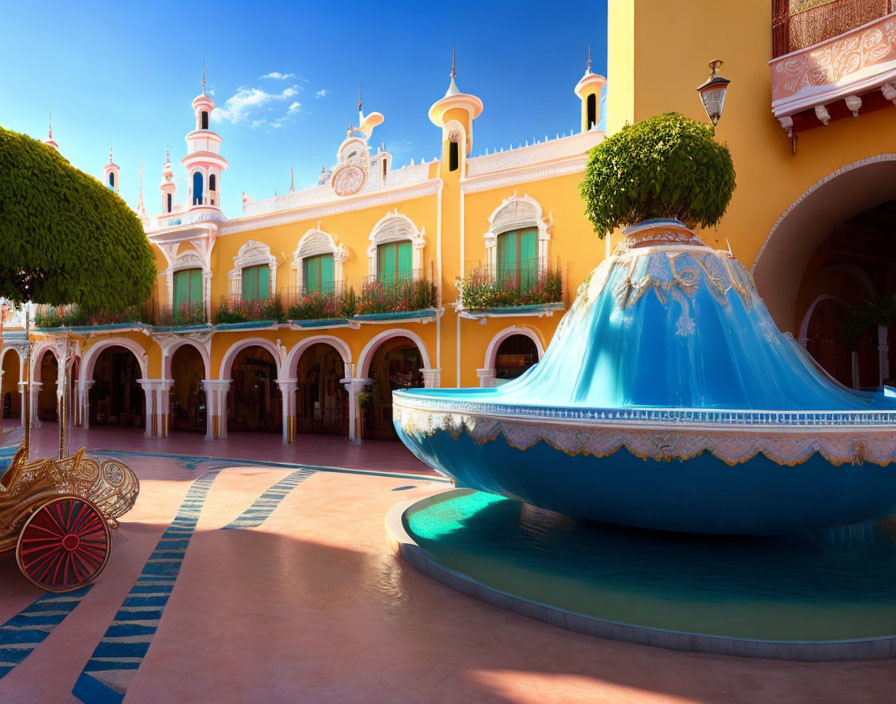 Colonial building courtyard with blue fountain and terracotta roof