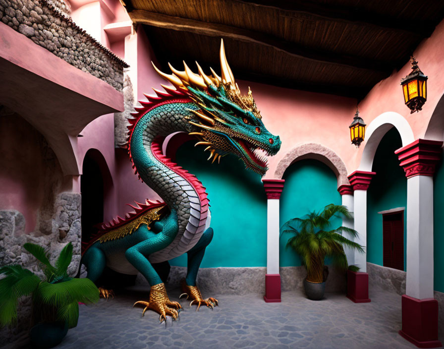 Colorful Dragon with Golden Accents in Vibrant Street Setting