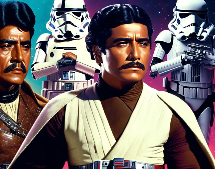 Illustration of two men in vintage attire with futuristic stormtroopers in the background