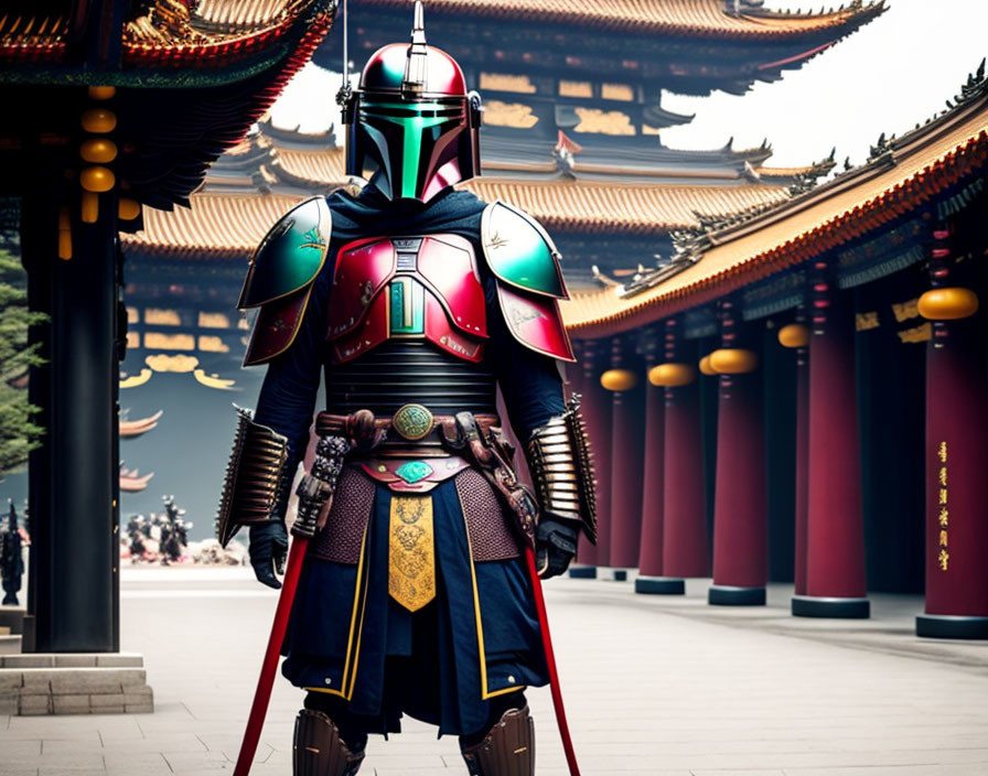 Colorful Mandalorian armor in front of Asian temple buildings