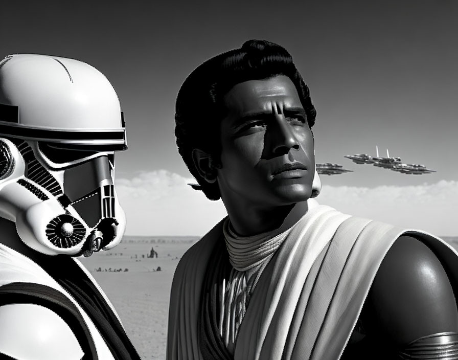 Monochromatic image of stormtrooper and man with Star Wars spacecrafts.