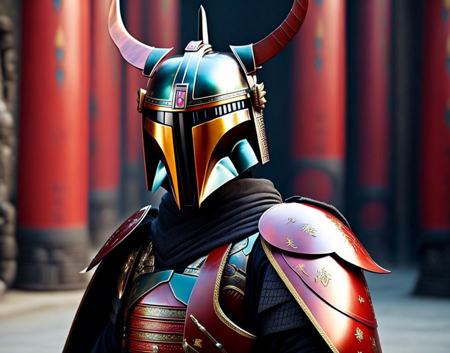 Elaborate Samurai Armor with Horned Helmet and Japanese Text Pillars