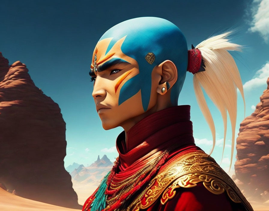 Character with blue skin and tribal markings in desert setting