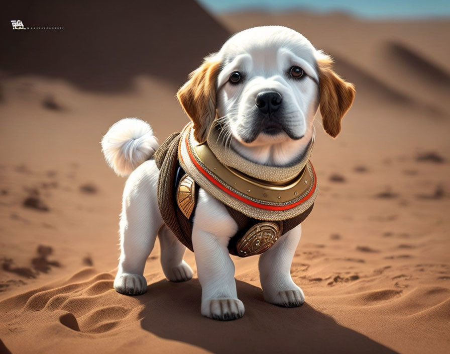 Stylized illustration of a fluffy-tailed puppy in fancy harness on desert sands