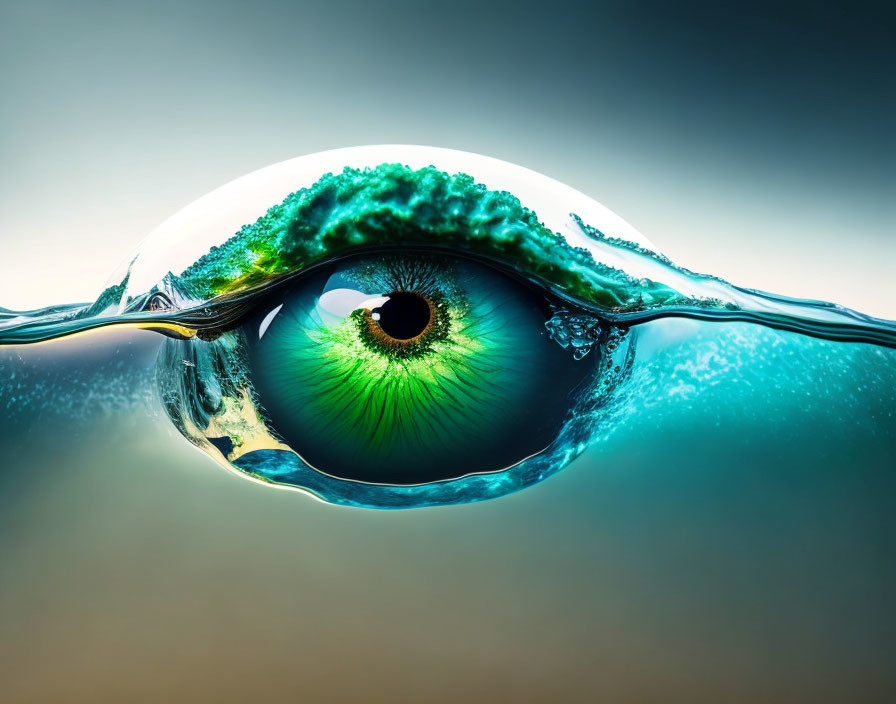 Surreal green eye merging with water landscape and cresting wave reflection