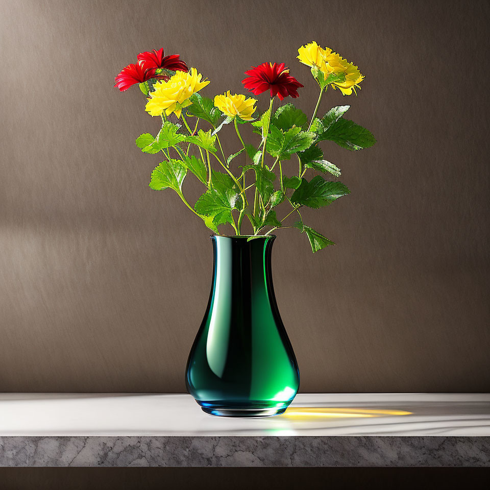 Vibrant red and yellow flowers in green vase on marble counter against brown wall