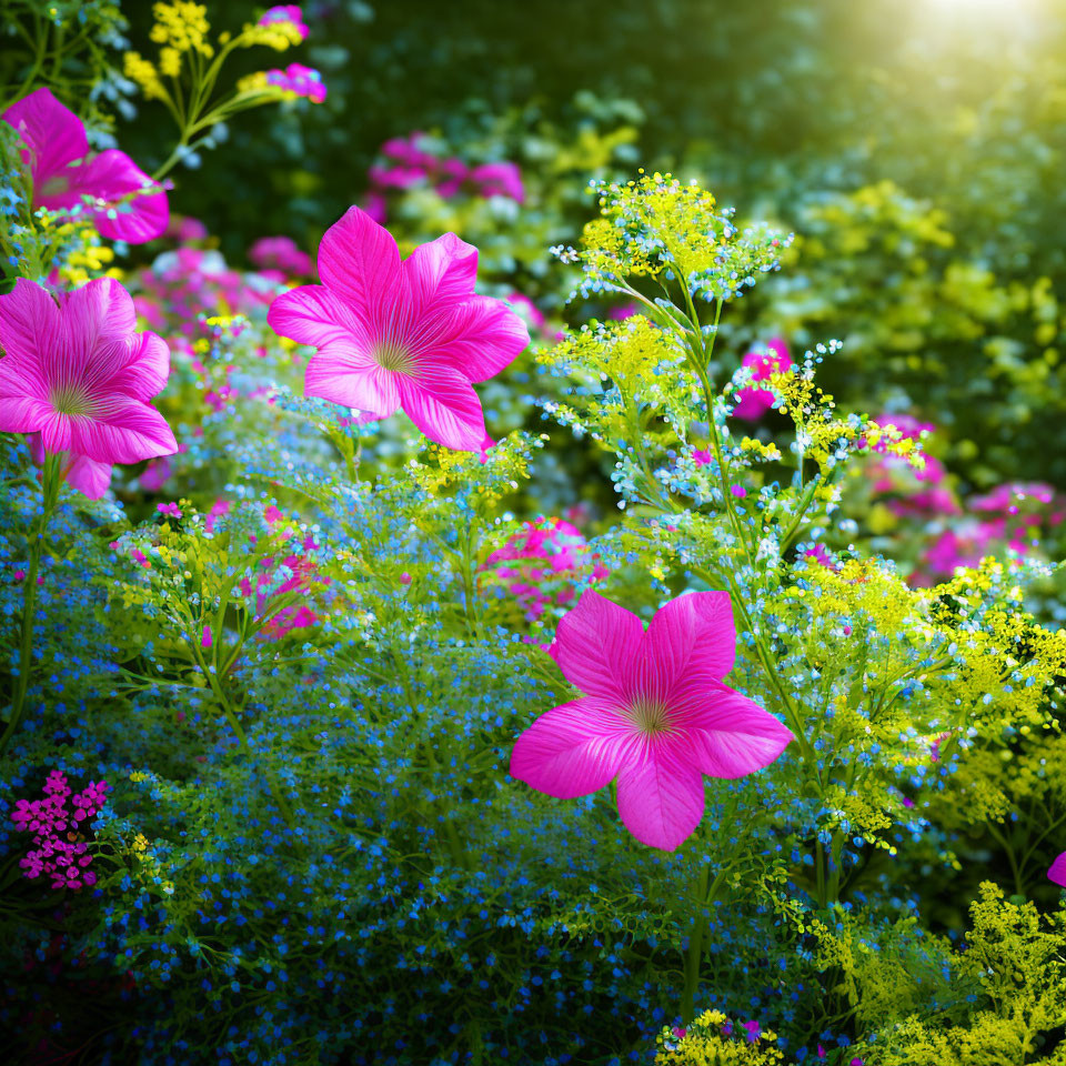 Bright pink flowers stand out in focus among a blur of blue and yellow wildflowers in a sunlit