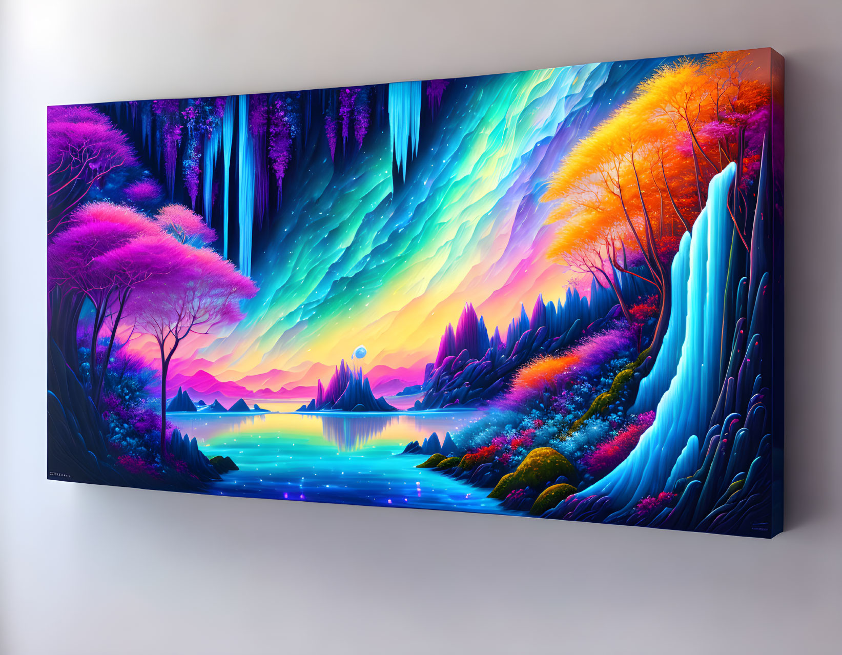 Colorful Fantasy Landscape Canvas Art with Trees, Lake, Waterfall, and Sunset Sky