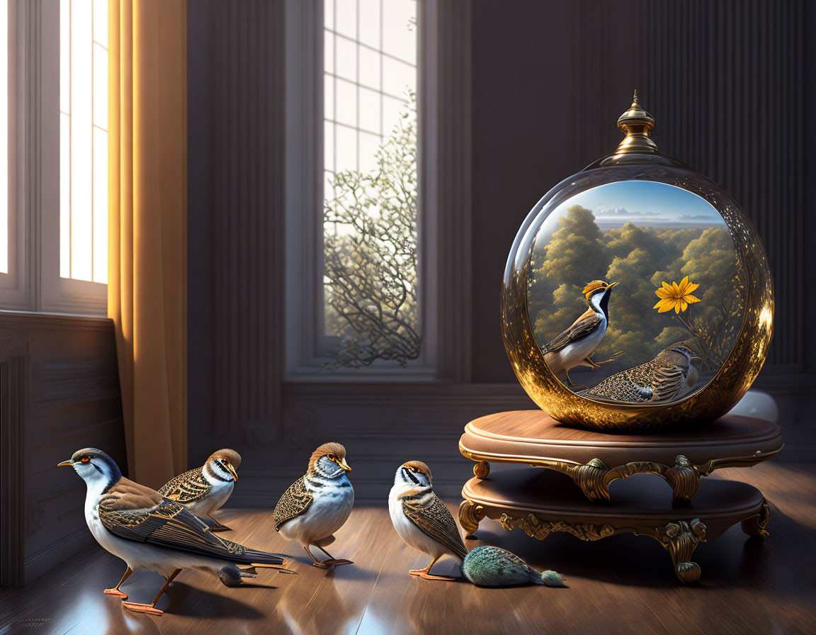 Room with large windows, golden light, birds, glass orb, meadow scene table display